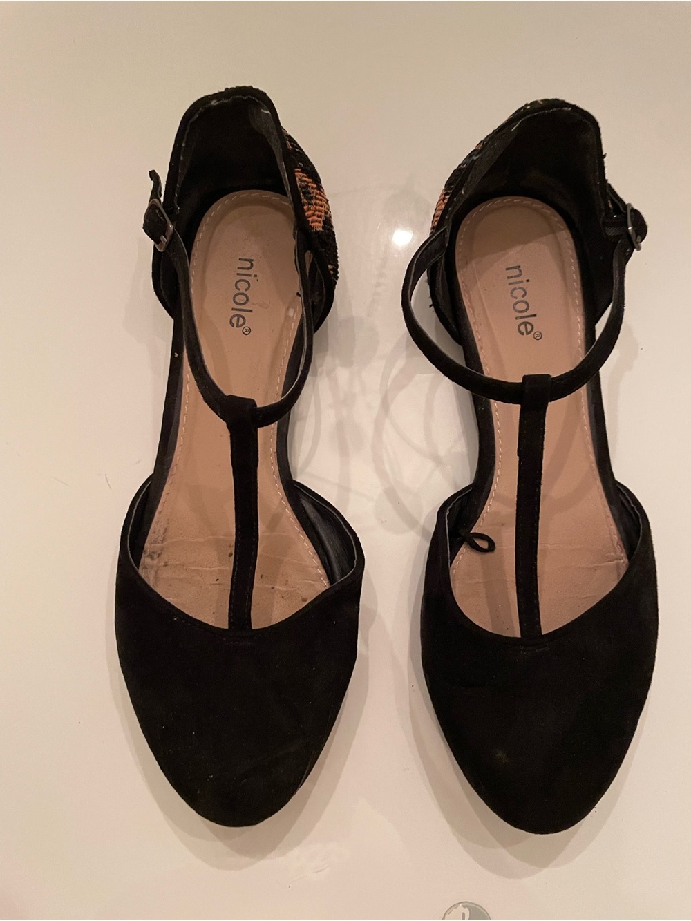 Nicole Black T-Strap Heels with tapestry heel Accent